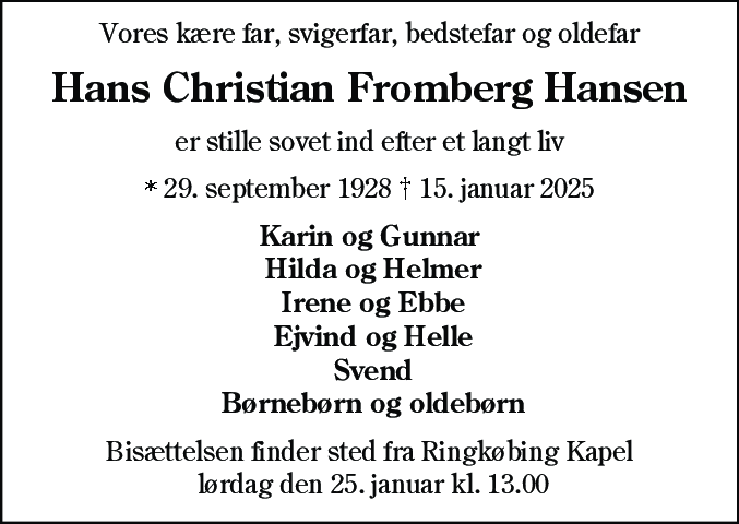 Dødsannonce for Hans Christian Fromberg Hansen