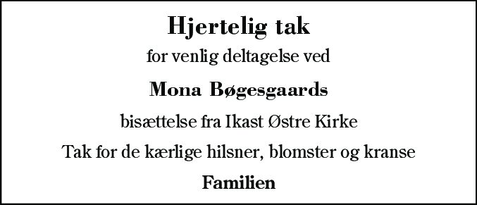 Dødsannonce for Mona Bøgesgaard
