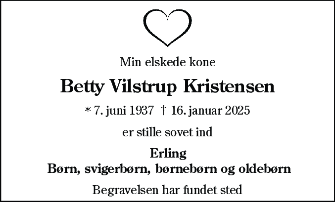Dødsannonce for Betty Vilstrup Kristensen