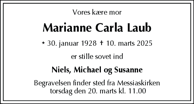 Dødsannonce for Marianne Carla Laub