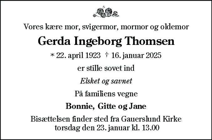 Dødsannonce for Gerda Ingeborg Thomsen