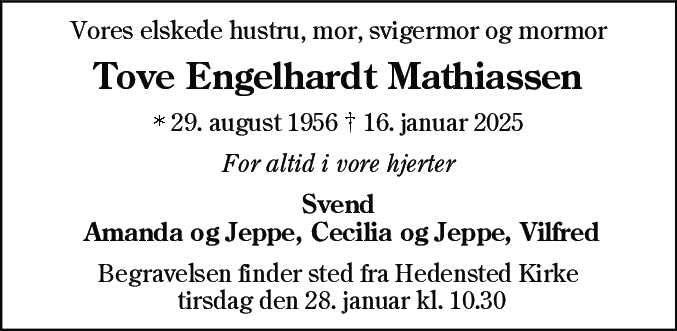 Dødsannonce for Tove Engelhardt Mathiassen