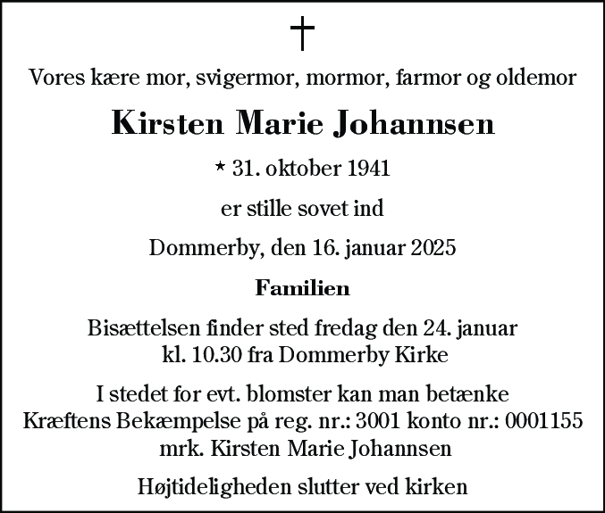 Dødsannonce for Kirsten Marie Johannsen