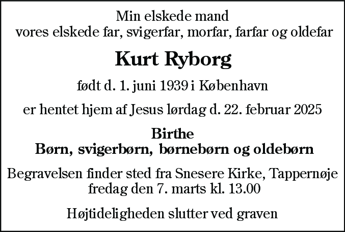 Dødsannonce for Kurt Ryborg