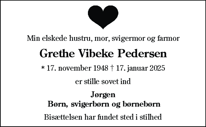Dødsannonce for Grethe Vibeke Pedersen