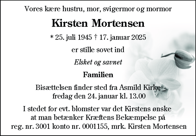 Dødsannonce for Kirsten Mortensen