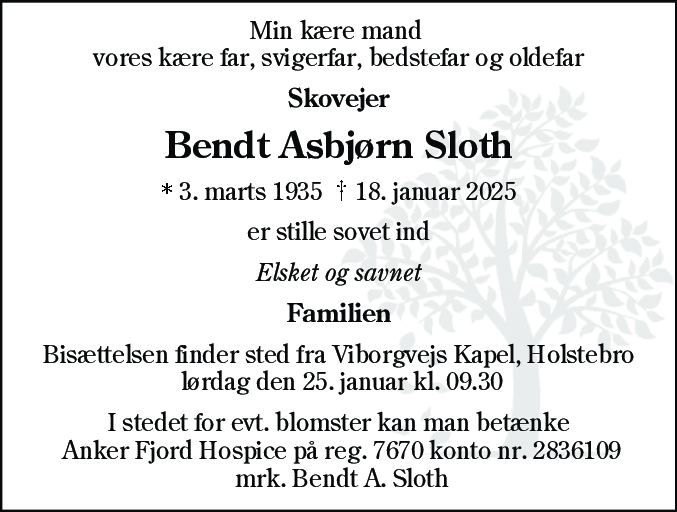 Dødsannonce for Bendt Asbjørn Sloth