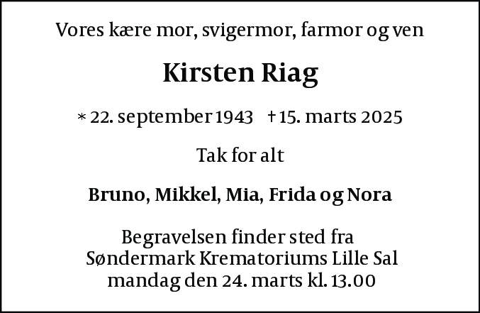 Dødsannonce for Kirsten Riag