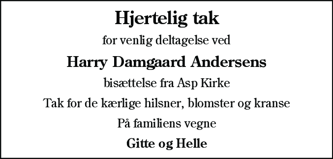 Dødsannonce for Harry Damgaard Andersen