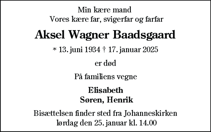 Dødsannonce for Aksel Wagner Baadsgaard