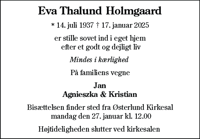 Dødsannonce for Eva Thalund Holmgaard