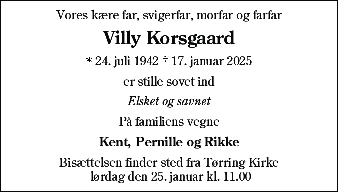 Dødsannonce for Villy Korsgaard