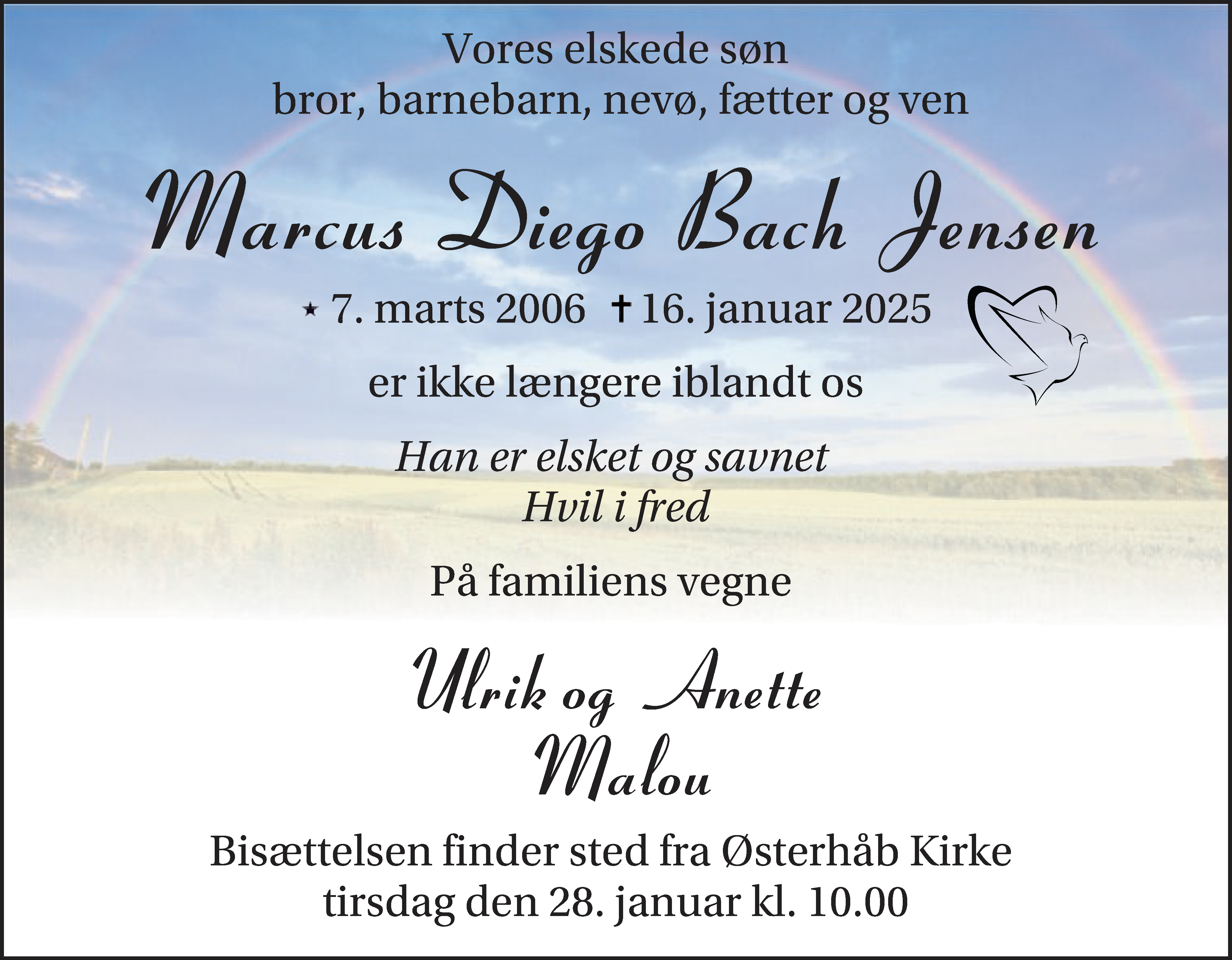 Dødsannonce for Marcus Diego Bach Jensen
