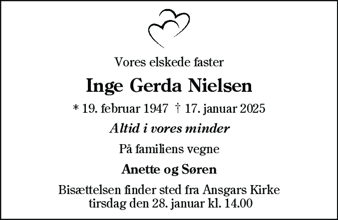Dødsannonce for Inge Gerda Nielsen