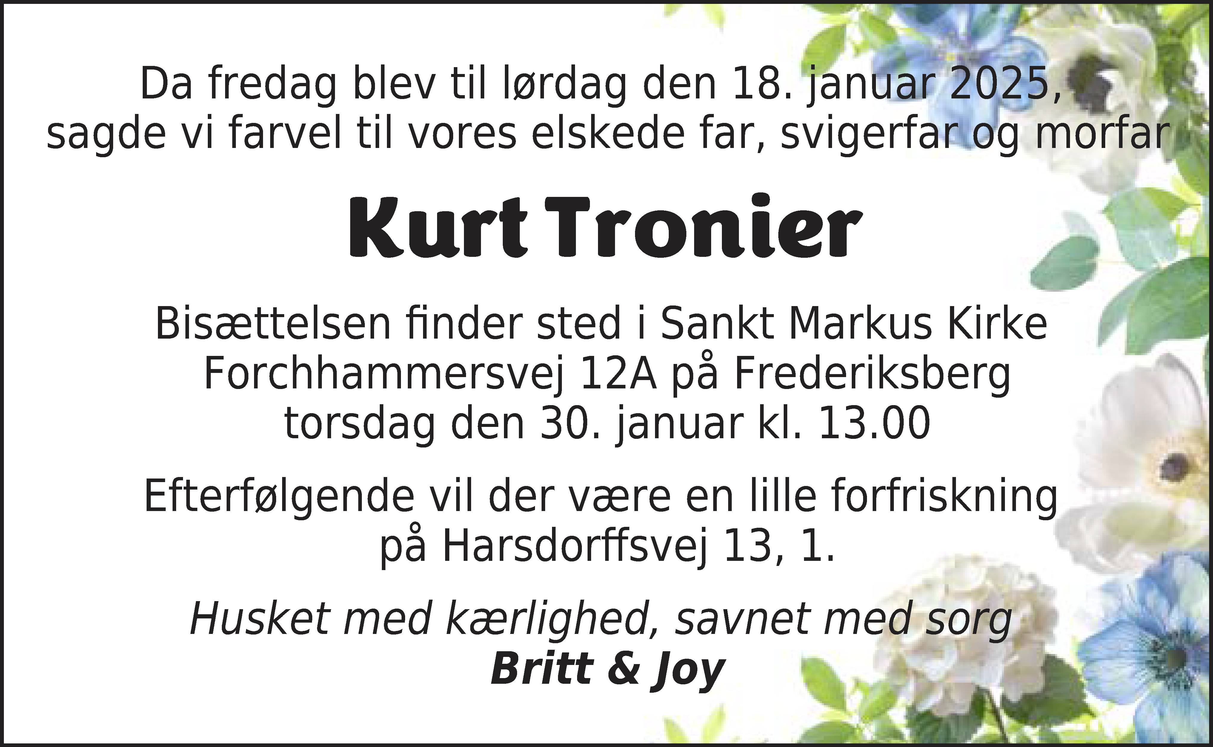 Dødsannonce for Kurt Peter Tronier
