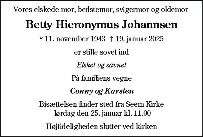 Dødsannonce for Betty Hieronymus Johannsen