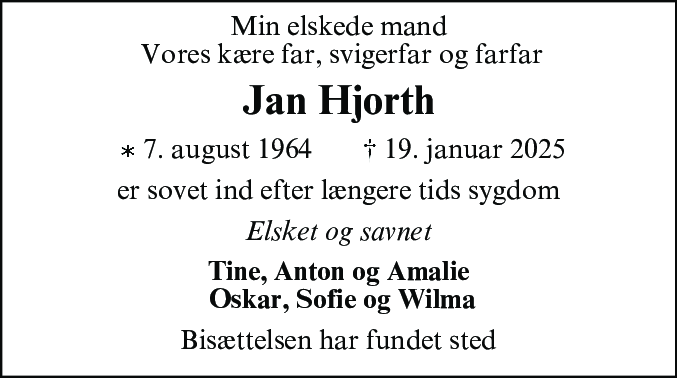 Dødsannonce for Jan Hjorth