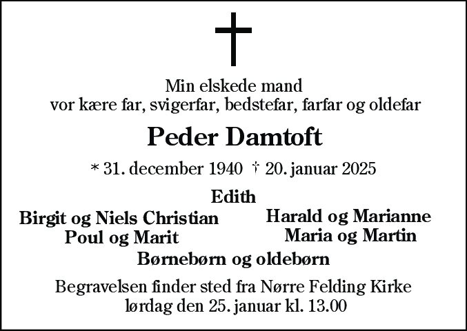 Dødsannonce for Peder Jørgensen Damtoft
