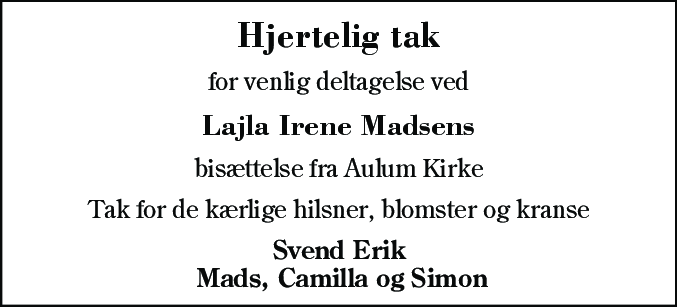 Dødsannonce for Lajla Irene Madsen