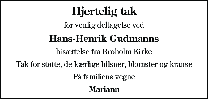 Dødsannonce for Hans-Henrik Gudmann