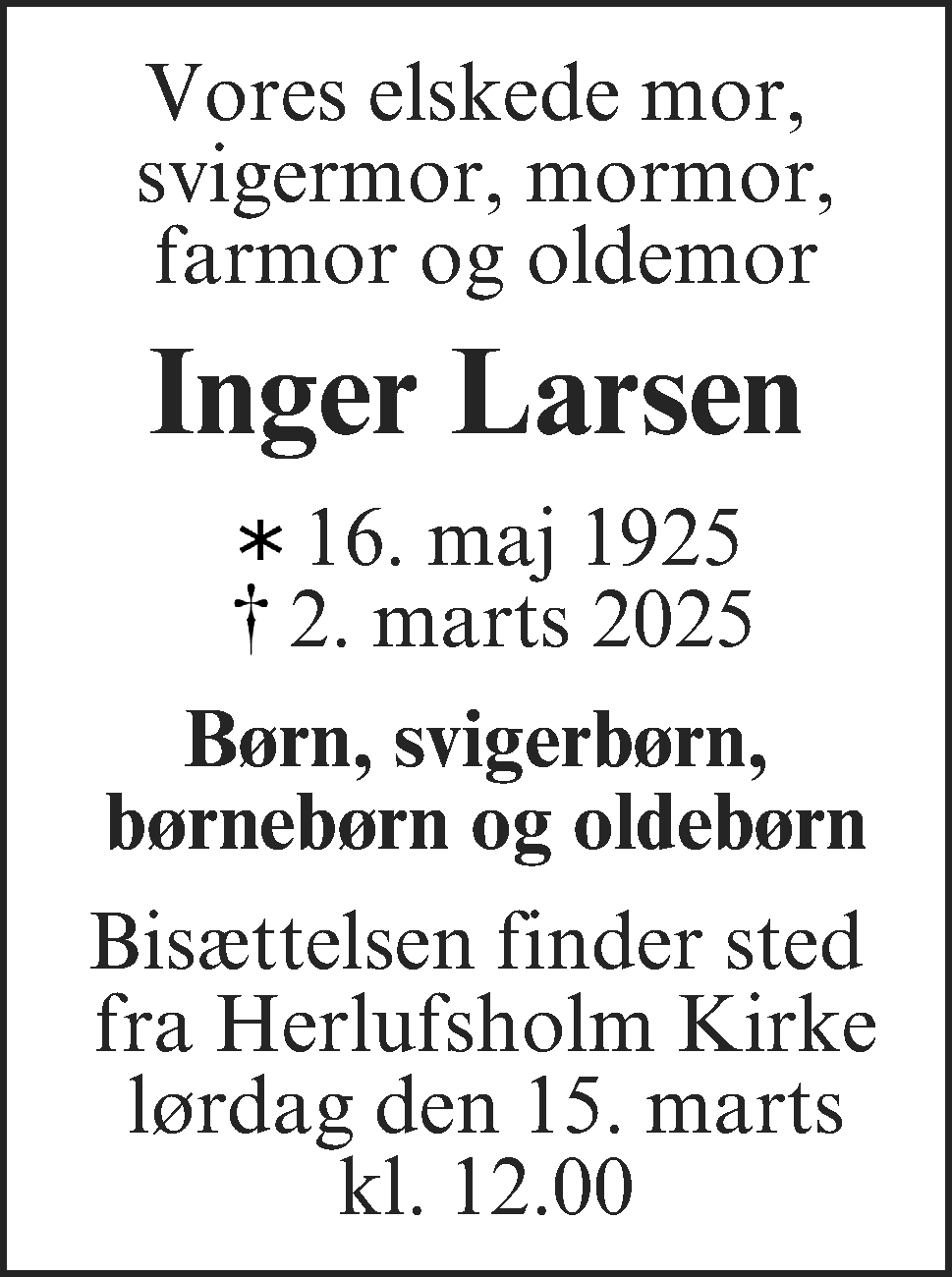 Dødsannonce for Inger Margrethe Larsen