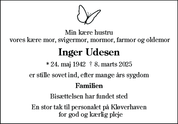 Dødsannonce for Inger Udesen