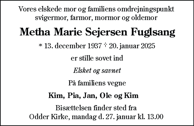 Dødsannonce for Metha Marie Sejersen Fuglsang