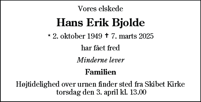 Dødsannonce for Hans Erik Bjolde