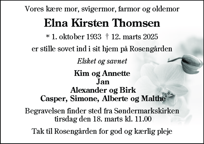 Dødsannonce for Elna Kirsten Thomsen