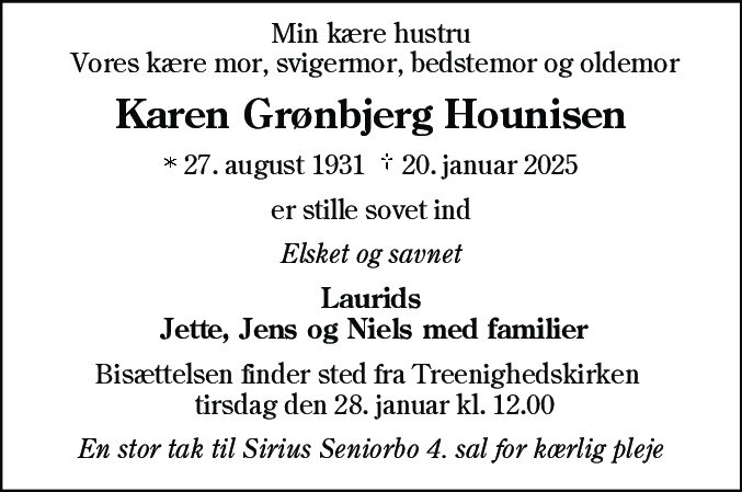 Dødsannonce for Karen Grønbjerg Hounisen