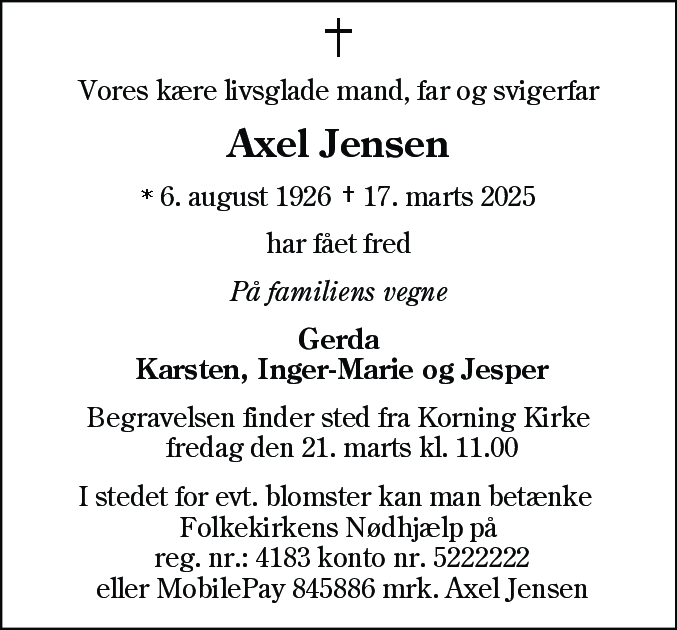 Dødsannonce for Axel Emil Jensen