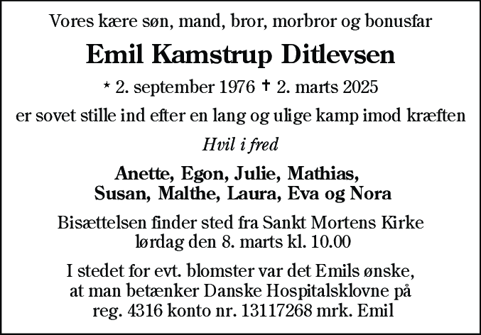 Dødsannonce for Emil Kamstrup Ditlevsen