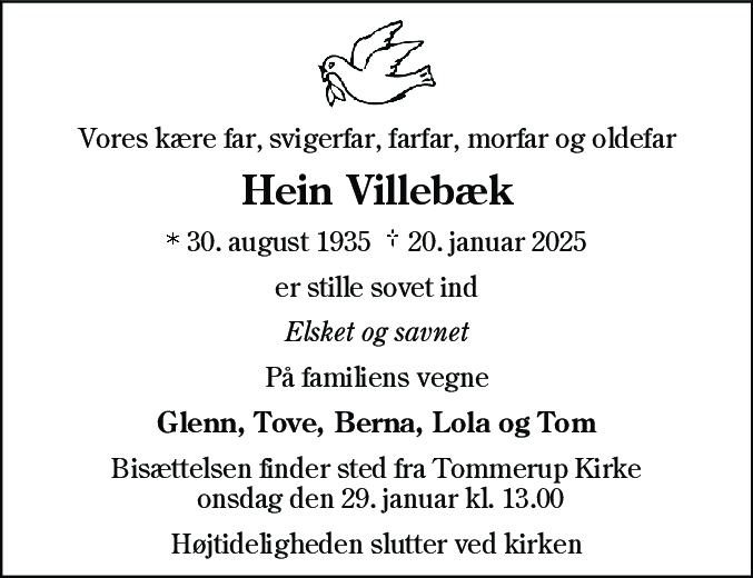 Dødsannonce for Hein Christian Villebæk