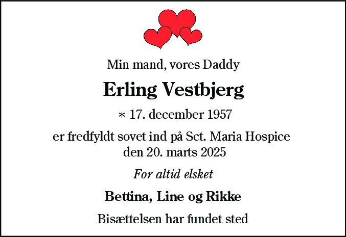 Dødsannonce for Erling Vestbjerg