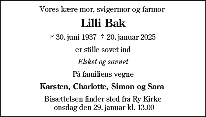 Dødsannonce for Lilli Bak