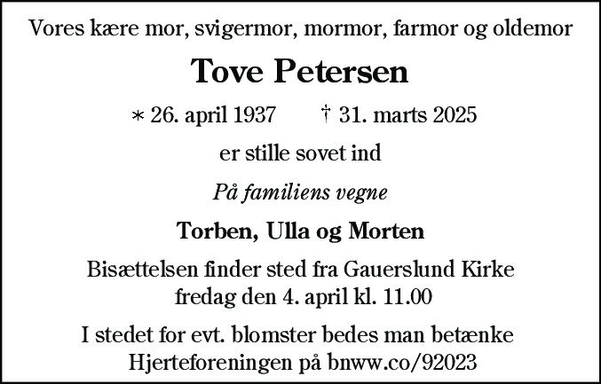 Dødsannonce for Tove Petersen