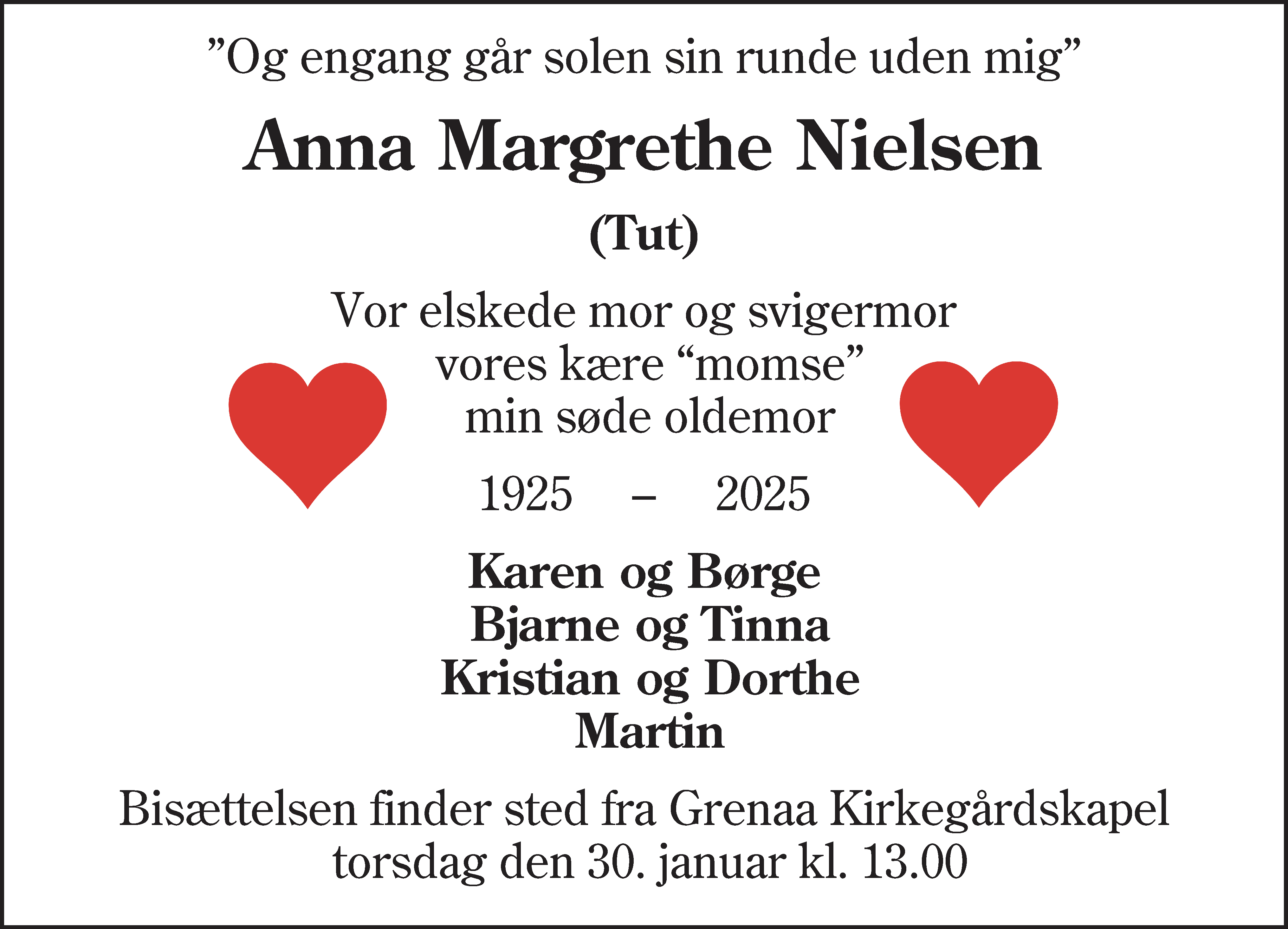Dødsannonce for Anna Margrethe Nielsen