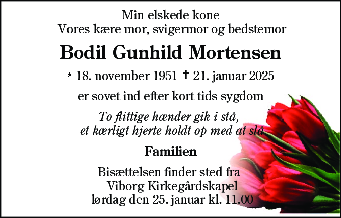 Dødsannonce for Bodil Gunhild Mortensen
