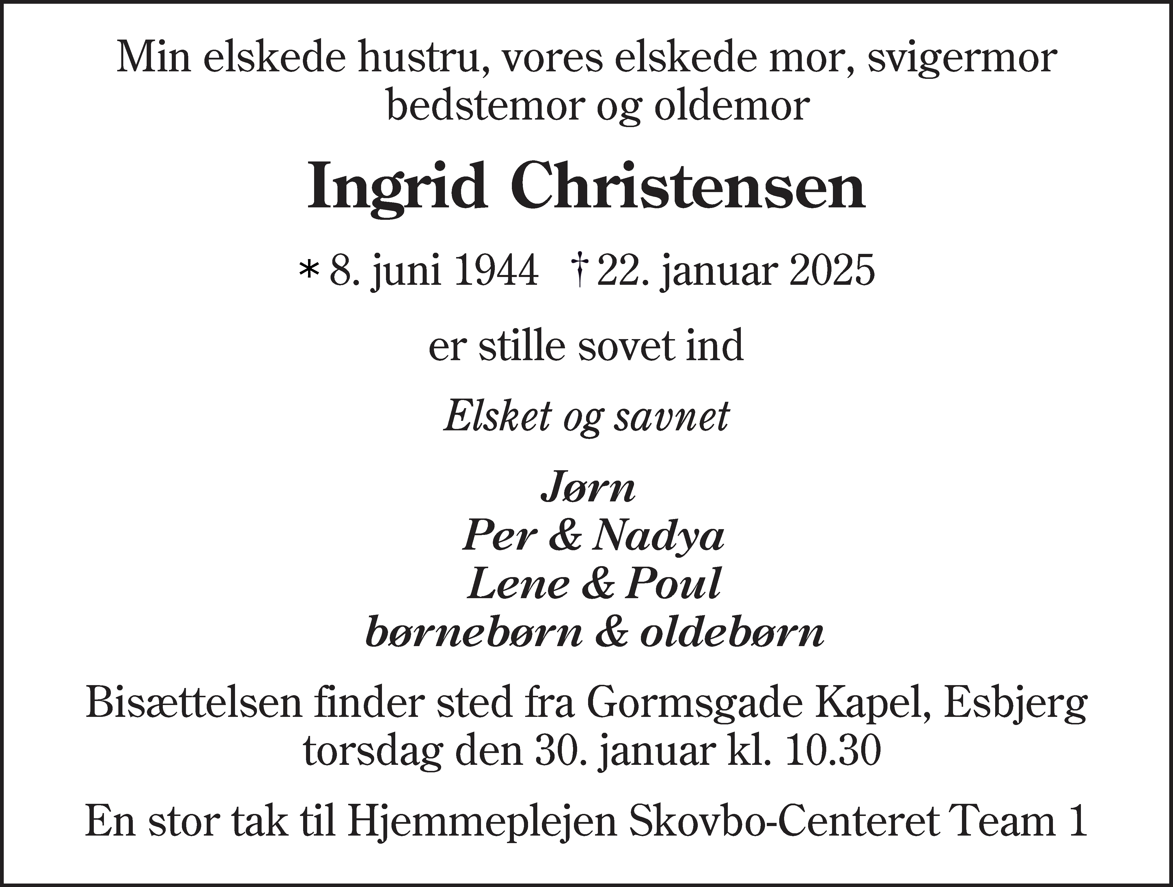 Dødsannonce for Ingrid Christensen