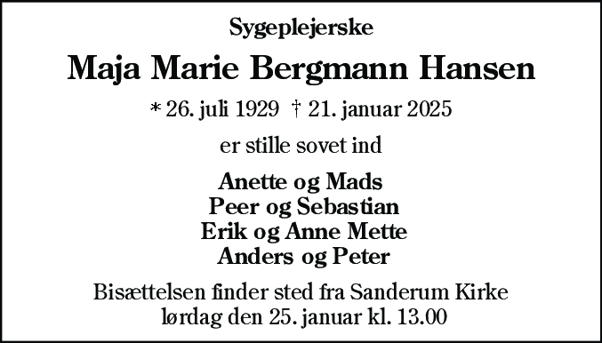 Dødsannonce for Maja Marie Hansen