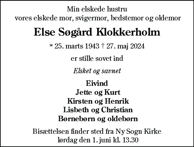 Dødsannonce for Else Søgård Klokkerholm