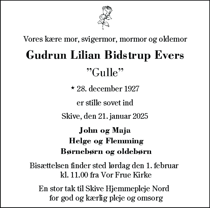 Dødsannonce for Gudrun Lilian Bidstrup Evers