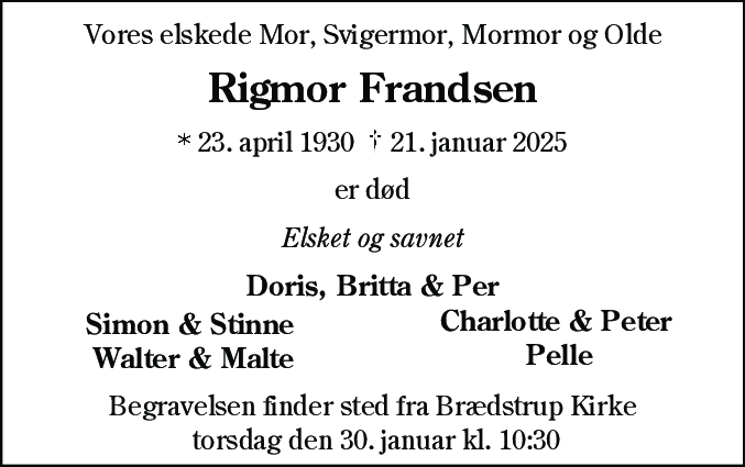 Dødsannonce for Rigmor Frandsen
