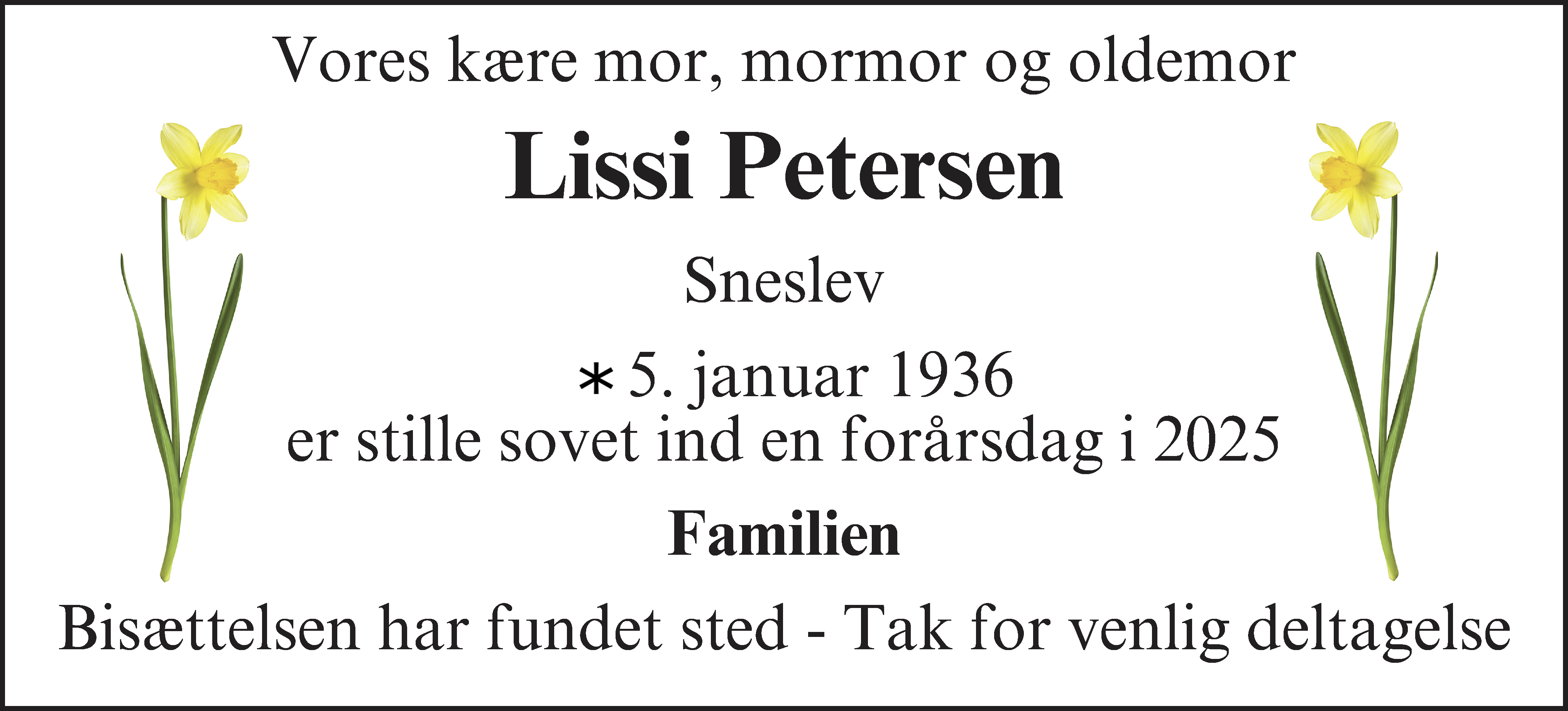 Dødsannonce for Lissi Petersen