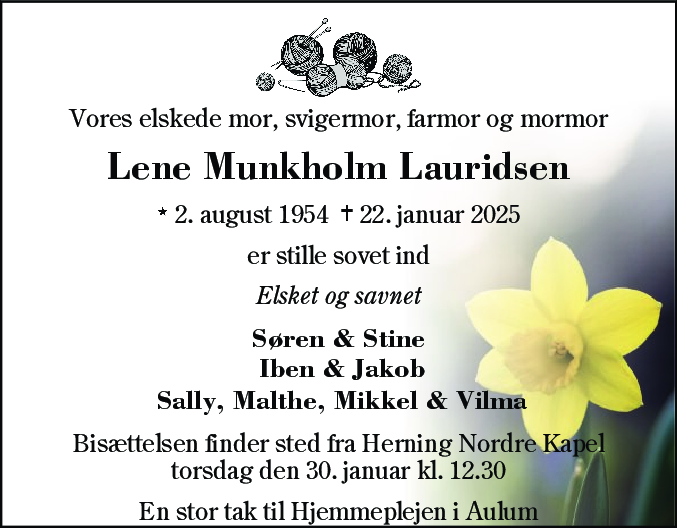 Dødsannonce for Lene Munkholm Lauridsen