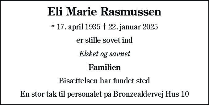 Dødsannonce for Eli Marie Rasmussen