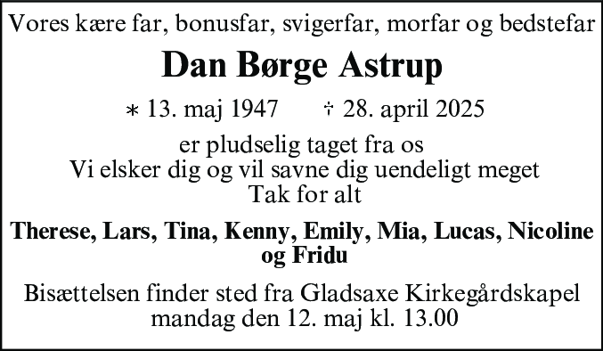 Dødsannonce for Dan Børge Astrup