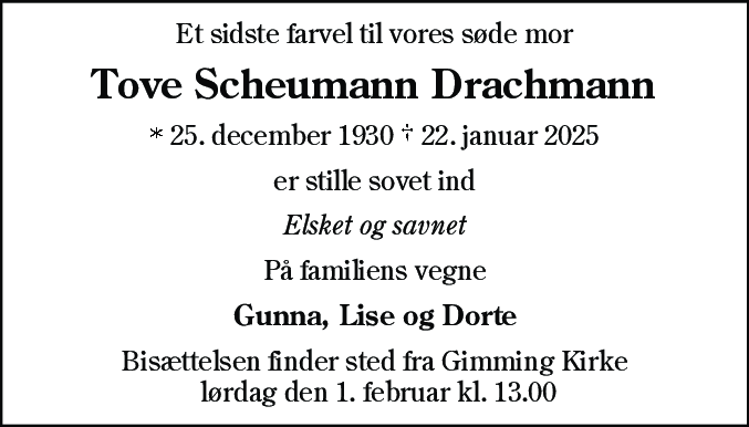 Dødsannonce for Tove Scheumann Drachmann