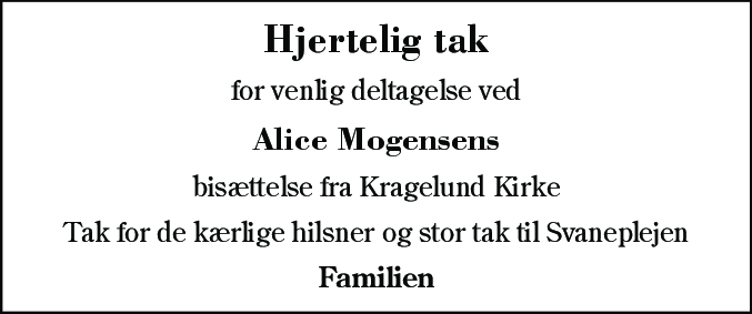 Dødsannonce for Alice Mogensen