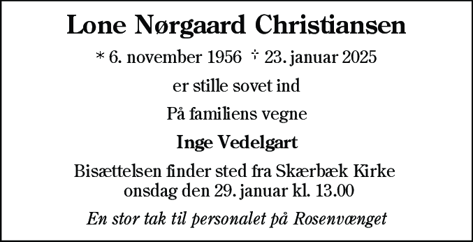 Dødsannonce for Lone Nørgaard Christiansen